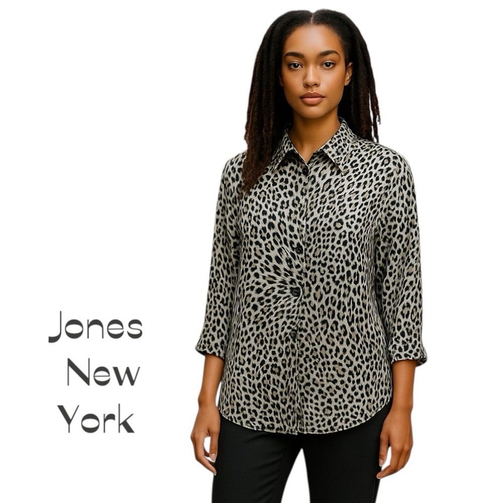Jones New York Black Gray Animal Print Shirt NWT Size M Coastal Grandma